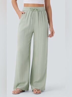 High Waisted Drawstring Pocket Wide Leg Casual Linen-Feel Pants
